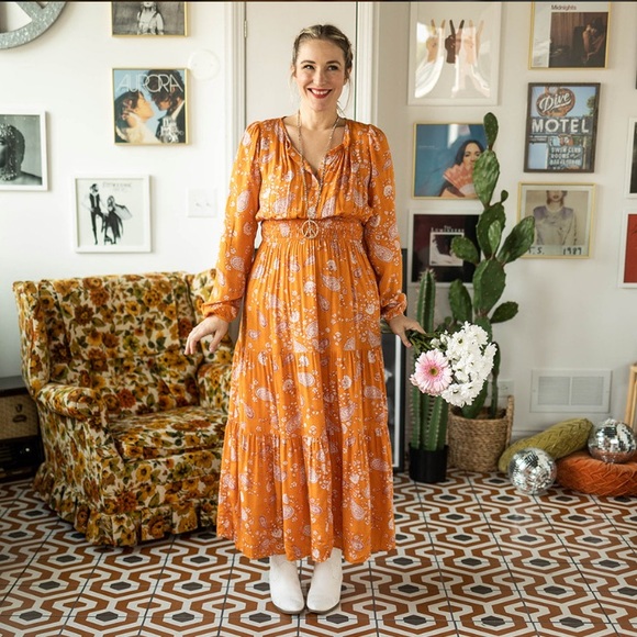 NWT•Easel•Boho Orange Maxi with Long Sleeves - Picture 14 of 16